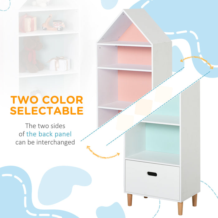 Kids MDF 5-Tier Bookshelf with Drawer - Space-Saving White & Blue Design for Children's Books and Toys Storage - Perfect for Playroom and Bedroom Organization