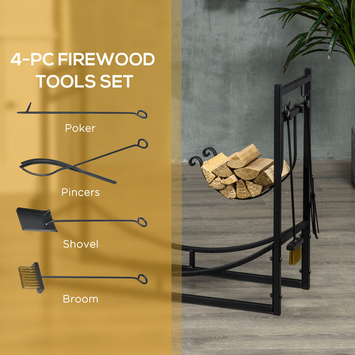 84cm Metal Firewood Stand and Log Rack with Fireplace Tools - Sturdy Construction for Indoor/Outdoor Use, Includes Shovel, Poker, Tongs, and Brush - Essential Accessory for Home Heating & Firekeeping