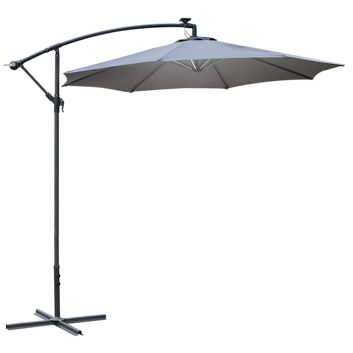 LED Banana Parasol Garden Cantilever Umbrella with Solar Lights - Crank Handle, Cross Base, Hanging Sun Shade in Grey - Ideal Outdoor Protector from Sun and Elements