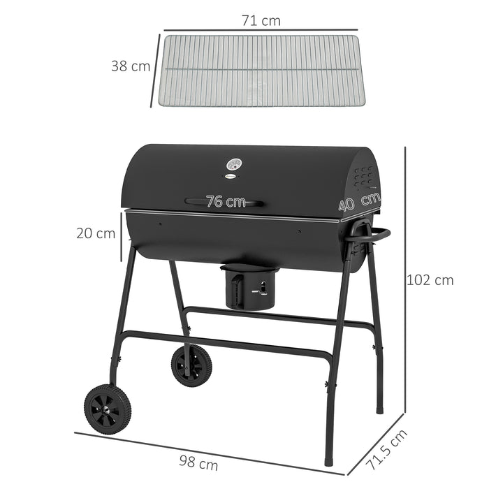 Barrel Charcoal BBQ Grill Trolley with Wheels - Outdoor Patio Cooking Station in Sleek Black - Ideal for Grilling Enthusiasts and Backyard Cookouts