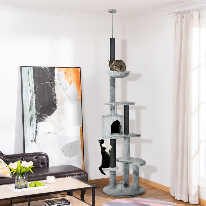 Height-Adjustable Cat Tower - 255cm Floor-Ceiling Tree, Scratching Posts, Hammock, Cozy House, Sturdy with Anti-tip Kit, Perches & Toys - Ideal for Climbing & Lounging Felines