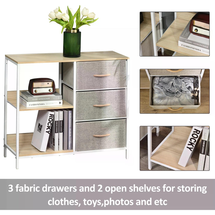 Storage Dresser Cabinet with 3 Fabric Drawers - Modern Chest of Drawers for Living Room, Bedroom, Hallway - Versatile Organizer with Display Shelves, Beige