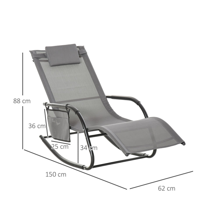 Garden Rocking Chair Set of 2 - Outdoor Patio Sun Lounger with Breathable Mesh and Removable Headrest Pillow, Grey - Ideal for Relaxation and Comfort with Handy Side Storage Bag