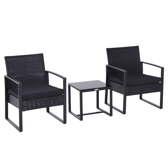 PE Rattan Wicker Patio Bistro Set - 2-Seater Garden Furniture with Coffee Table and Chairs, Black Weave - Ideal for Conservatory and Outdoor Lounging