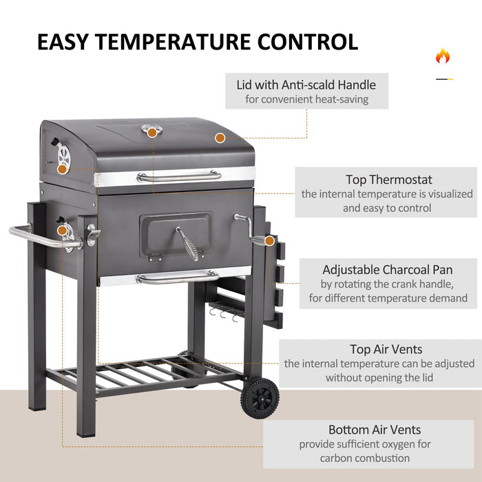 Outdoor Charcoal Grill BBQ Trolley with Smoker - Backyard Garden Cooking Station with Side Shelf, Table, & Wheels - Built-in Thermometer for Perfect Grilling Temp Control