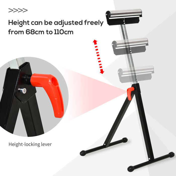 Folding Roller Stand with Ball Bearing - Height Adjustable Material Support Pedestal, Durable Metal Construction - Portable Tool for Workshop and Jobsite Use