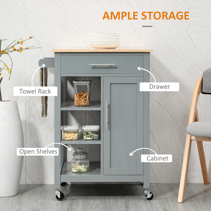 Compact Rolling Kitchen Utility Cart - Open Shelf & Storage Drawer, Grey - Ideal for Dining Room & Small Kitchen Organization