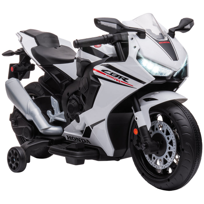 Electric Ride On Motorcycle with Training Wheels - 6V Battery Powered Motorbike, Headlights & Music Features - Ideal for Kids Aged 3-5, Sleek White Design