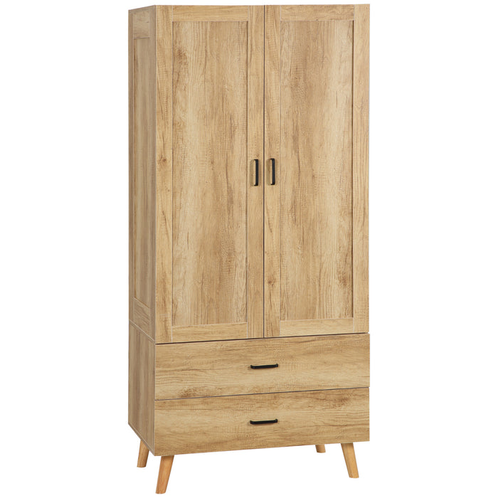 Modern 2-Door Bedroom Wardrobe - Sleek Design with 2-Drawer Storage and Hanging Rail - Space-Saving Closet Solution for a Natural Aesthetic