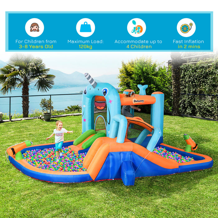 5-in-1 Narwhal-Themed Inflatable Bounce Castle - Slide, Trampoline, Pool, Climbing Wall & Water Gun Fun - Complete with Air Pump & Carry Bag for Easy Storage