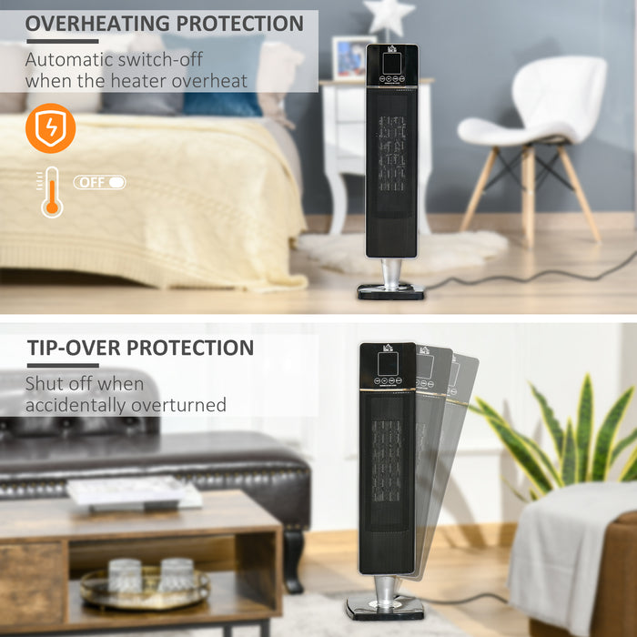 Ceramic Tower Heater with Oscillation - Remote-Controlled Space Heater with 8-Hour Timer, Safety Features - Ideal for Home Overheat & Tip-Over Protection, Dual Heating Modes (1000W/2000W), Black