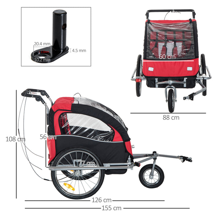 Bike Trailer 2-Seater - Durable Steel Framed Bicycle Baby Child Carrier in Black and Red - Safe Transport Solution for Toddlers and Kids