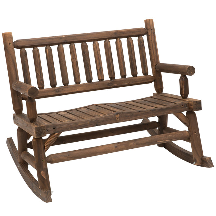 Rustic Rough-Cut Log Rocking Loveseat - 2-Seater Garden Bench with High Slatted Back and Armrests, Dark Stain Brown - Ideal for Couples and Outdoor Relaxation