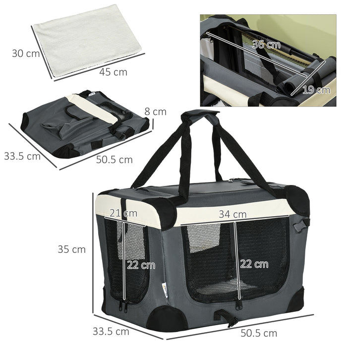Foldable 51cm Pet Carrier for Small Animals - Durable Dog Cage & Cat Travel Bag with Cushion - Ideal for Miniature Dogs and Portable Cat Transport, Grey