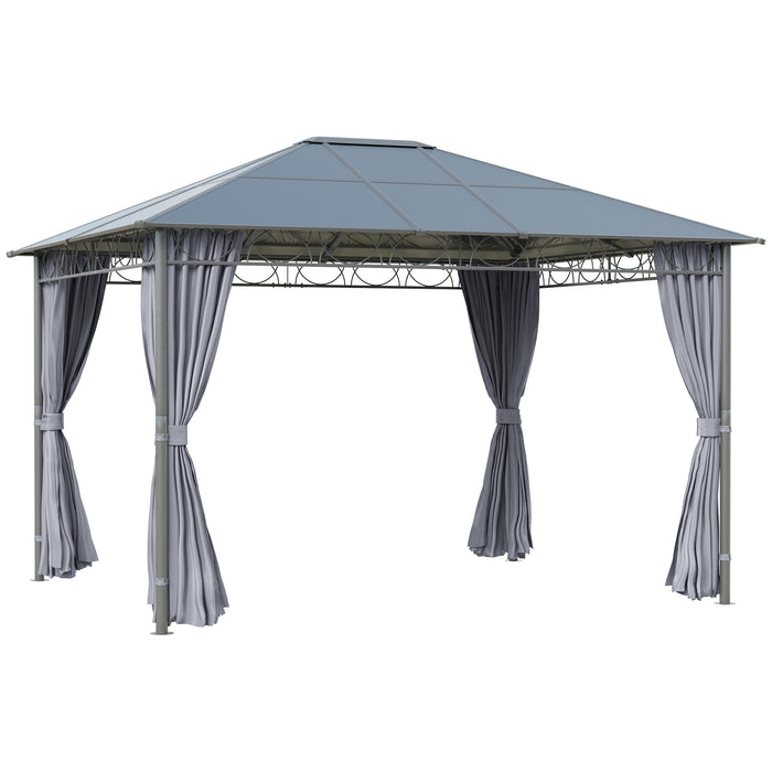 Hardtop Gazebo 3.6x3m - UV-Resistant Polycarbonate Roof, Steel & Aluminum Frame with Garden Pavilion Curtains in Grey - Ideal for Outdoor Relaxation and Entertaining