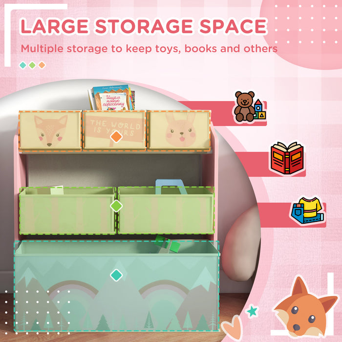 Kids' Bedroom Furniture Set - Toddler Bed Frame with Storage, 6-Bin Fabric Shelf Organizer - Ideal for Children Ages 3-6, Playful Pink Design