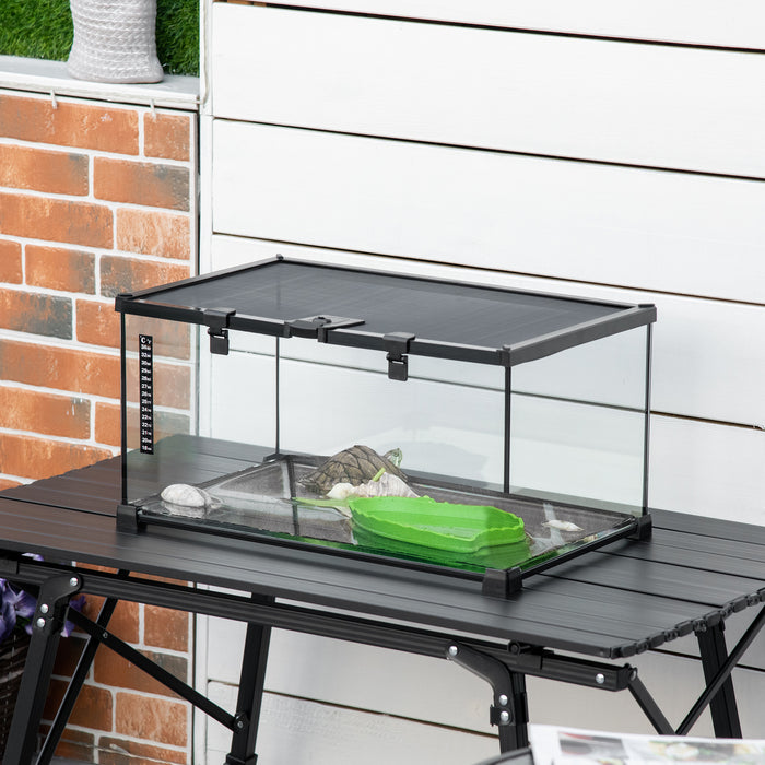 Reptile Glass Terrarium with Thermometer - 50x30x25cm Climbing Pet Enclosure, Breeding Tank - Ideal for Arboreal Animals, Black Finish