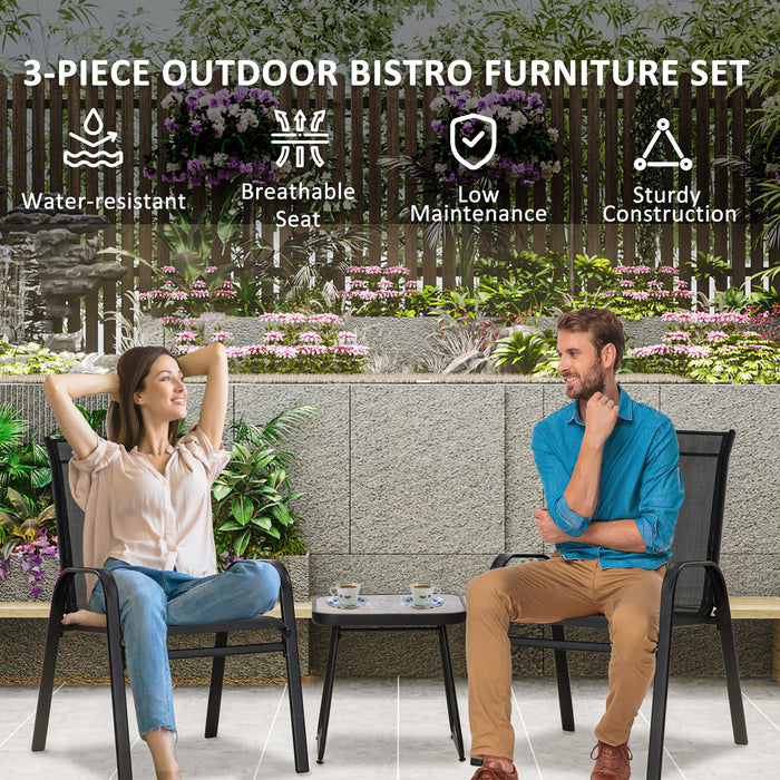 Patio Bistro Set with Stackable Chairs - 3-Piece Outdoor Furniture with Breathable Mesh and Solid PSC Table - Ideal for Garden and Balcony Entertaining