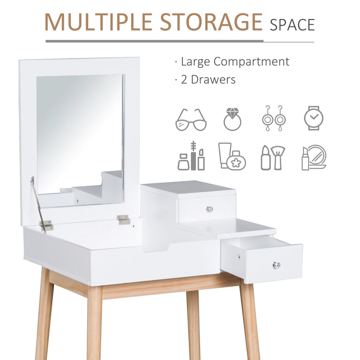 Modern MDF and Pine Dressing Table with Flip-Up Mirror - Versatile Desk with 2 Drawers in Sleek White Finish - Ideal for Bedroom Makeup Station and Work Area