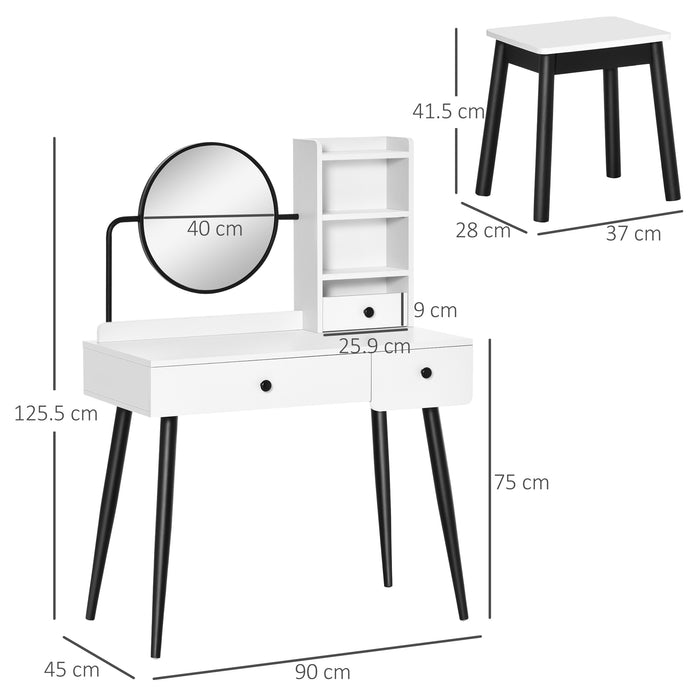 Vanity Makeup Desk Set with Mirror and Stool - Elegant Dressing Table with 3 Drawers and Open Shelving - Perfect for Bedroom and Living Room, Chic White Design