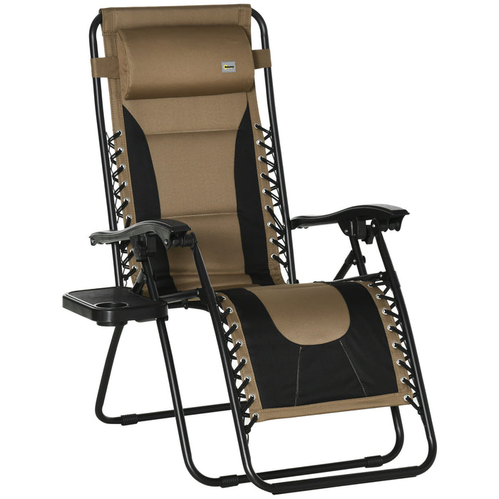 Outdoor Recliner with Adjustable Backrest - Zero Gravity Patio Lounger, Folding Chair with Cup Holder and Padded Pillow - Ideal for Patio, Poolside Relaxation, Coffee Color