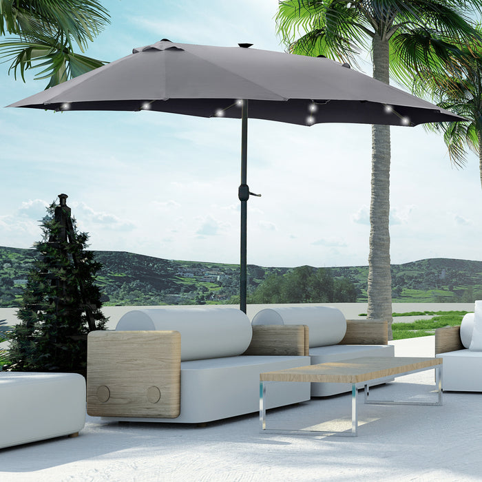 Double-Sided Sun Umbrella 4.4m with Solar LED Lights - Dark Grey Garden Parasol Patio Shade for Outdoors - Ideal for Evening Gatherings & Daytime Sun Protection