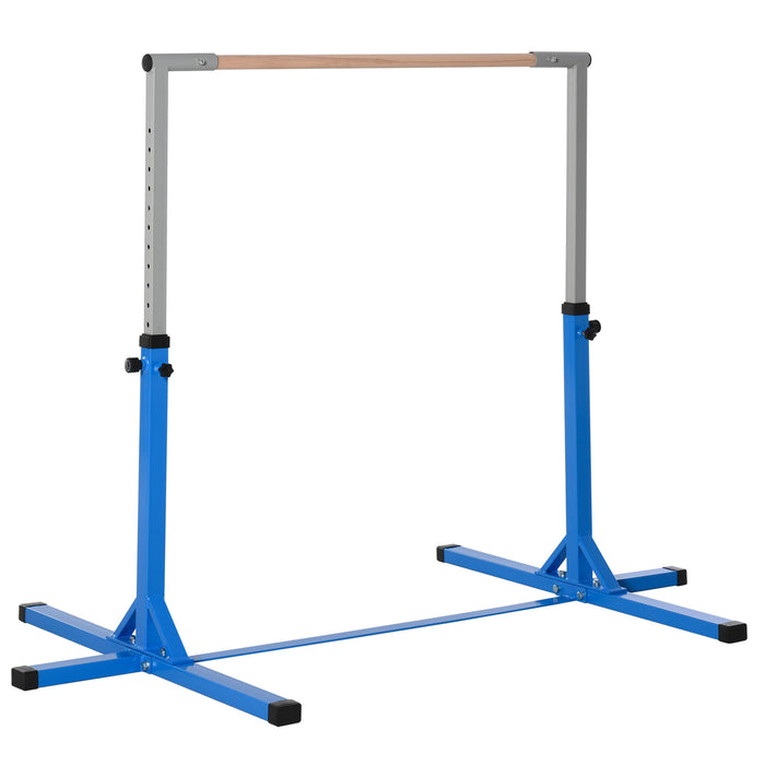 Kids' Gymnastics Training Bar - Height Adjustable, Steel Frame with Wooden Bar, Blue - Perfect Home Gym for Junior Gymnasts