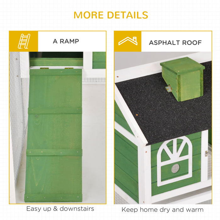 Outdoor Indoor Wooden Rabbit Hutch - Bunny Cage with Pull Out Tray, Run Box, Ramp, & Asphalt Roof - Ideal for Small Animals, Pet Safe Shelter in Green