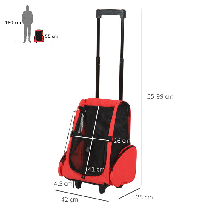 Travel Pet Carrier Backpack with Trolley - Telescopic Handle, Spacious 42x25x55 cm, Vibrant Red - Comfortable Transport for Cats and Dogs