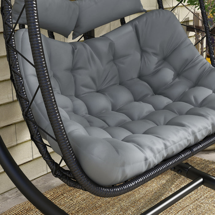 PE Rattan Outdoor Double Swing Chair with Metal Stand - Thick Padded Cushion and Headrest for Ultimate Comfort - Ideal Patio Hanging Seat for Couples or Friends