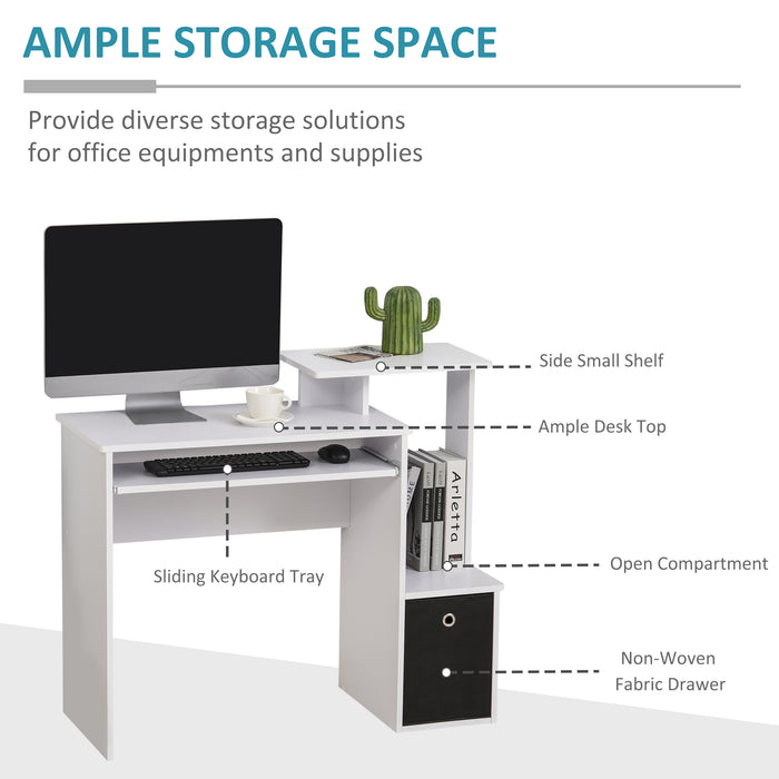 Compact White Computer Desk - Sliding Keyboard Tray, Storage Drawer, and Shelf - Ideal for Home Office, Gaming, and Study Workstation