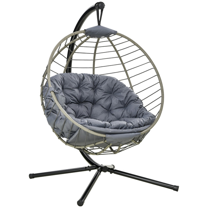 PE Rattan Swing Chair with Metal Stand - Thick Padded Cushion, Foldable Design & Cup Holder for Comfort - Stylish Outdoor Hanging Chair for Relaxation