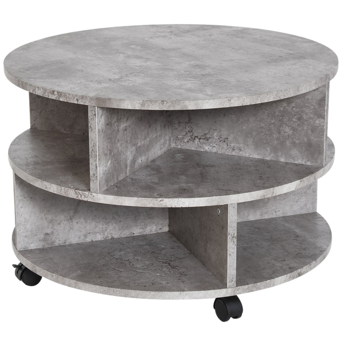 Round 2-Tier Side Table with Divided Shelves - Mobile Coffee and Tea Storage Unit in Cement Finish - Space-Saving Organizer for Living Room