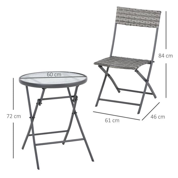 2-Seater Rattan Bistro Set - Foldable Grey Wicker Outdoor Furniture for Yard, Porch, Poolside, Lawn, Balcony - Space-Saving Conversation Ensemble