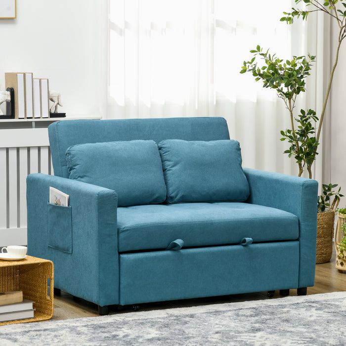 Convertible Loveseat Sofa Bed with Side Pockets - Blue 2-Cushion Settee Sleeper Couch - Space-Saving Furniture for Living Room