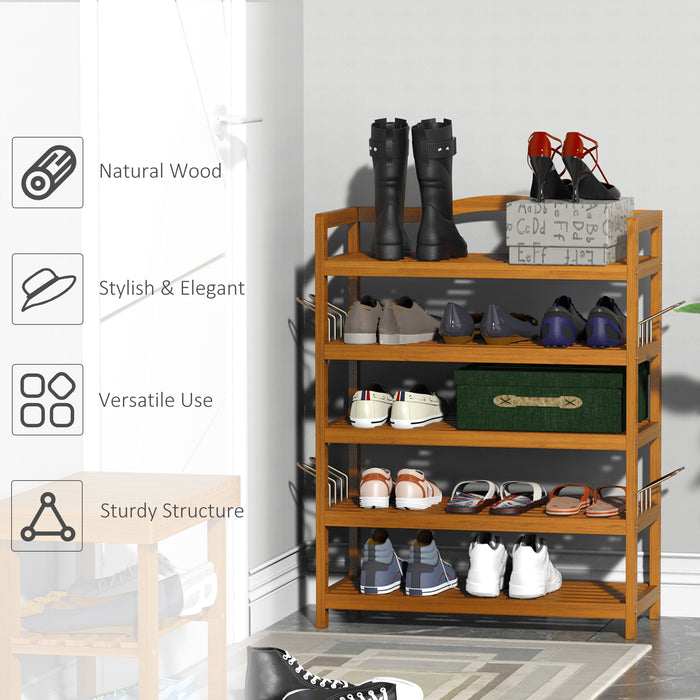 Acacia 5-Tier Shoe Rack - Wooden Shoe Storage Organizer with Side Hangers for 24 Pairs - Ideal for Entryway and Living Room, Teak Finish, 64x26x82cm