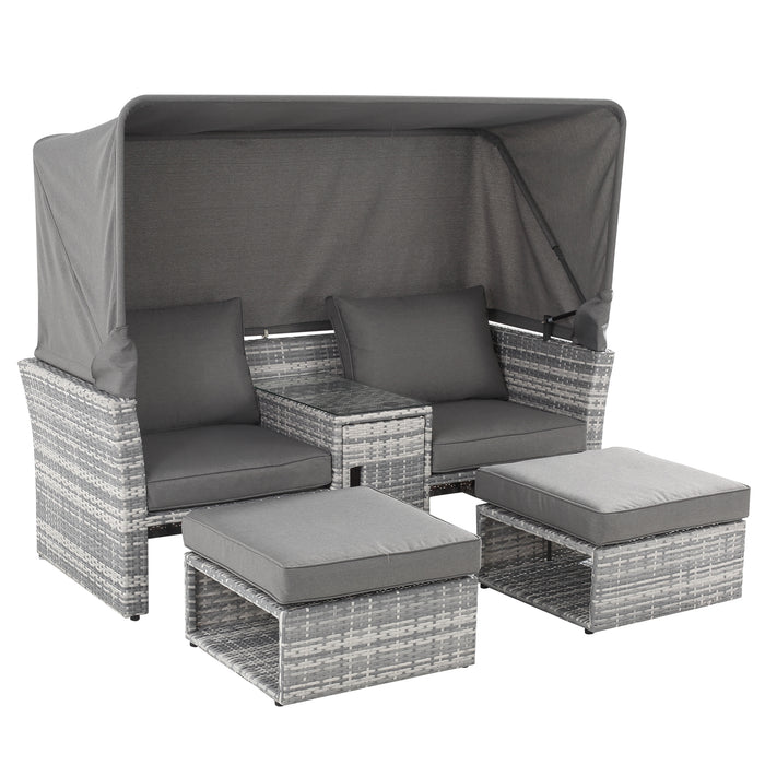 Outdoor PE Rattan Daybed Set - Includes 2-Seater Sofa, Footstool, & Glass Coffee Table with Olefin Cushions - Ideal for Patio Conversation & Relaxation