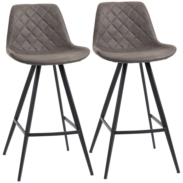 Vintage Microfiber Bar Stools, Set of 2 - Comfortable Padded Tub Seats with Quilted Design, Steel Frame and Footrest - Stylish Seating for Home Kitchen, Dark Grey