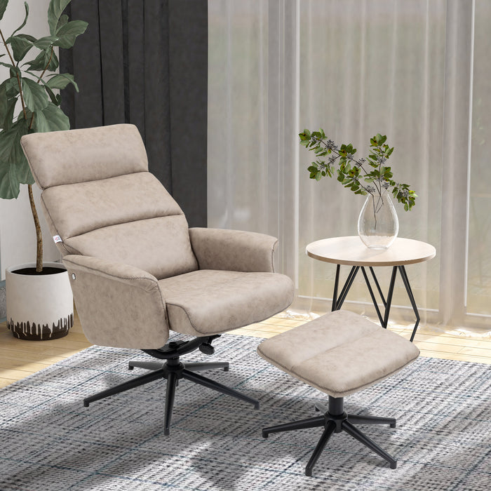 Adjustable Swivel Recliner Chair with Matching Footstool - Upholstered Reclining Armchair, Khaki, with Removable Headrest - Comfortable Lounge Seating for Home & Office Use