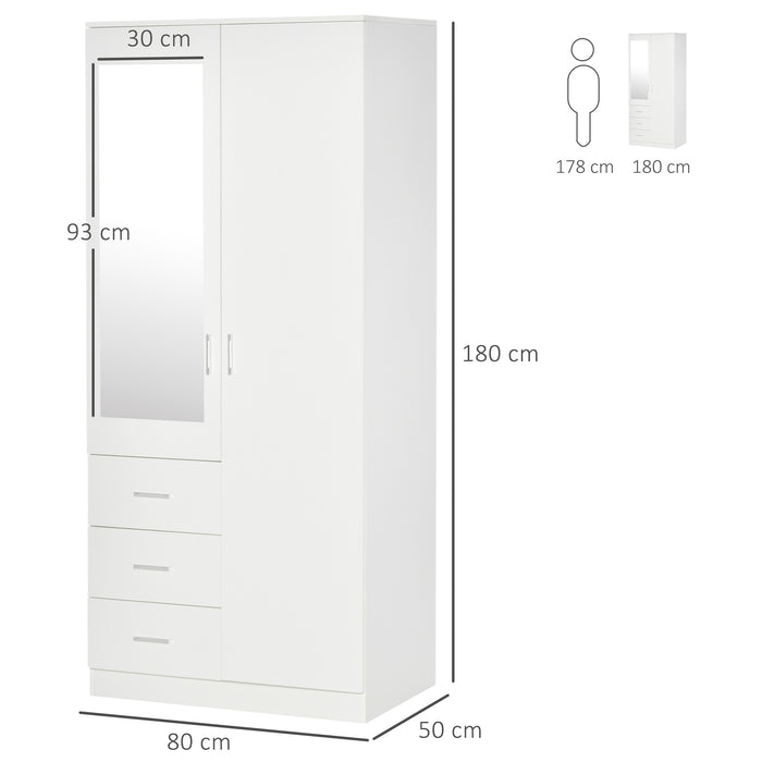 Modern Mirror Wardrobe with Adjustable Shelf - 2 Door Cupboard and 3 Drawers, 80x50x180cm - Sleek White Home Storage Organizer for Bedroom