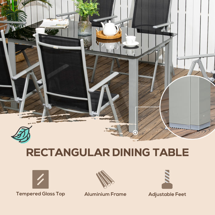 7-Piece Garden Dining Set with Tempered Glass Top & Texteline Seats - Outdoor Aluminium Frame Table & 6 Reclining Folding Chairs - Ideal for Patio Entertainment and Relaxation