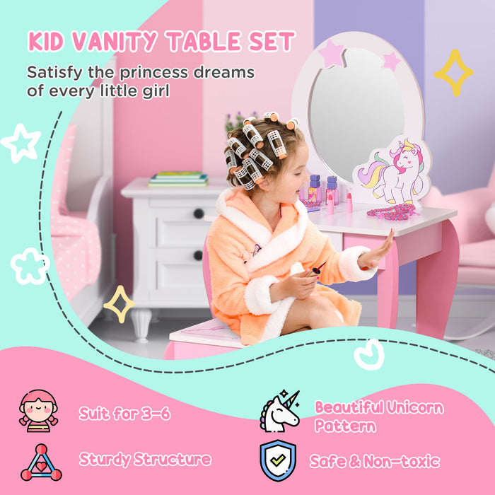 Kids Unicorn Dressing Table with Stool and Acrylic Mirror - Pink and White Dresser for Girls, Pretend Play Furniture - Ideal for Ages 3-6, Encourages Imaginative Play