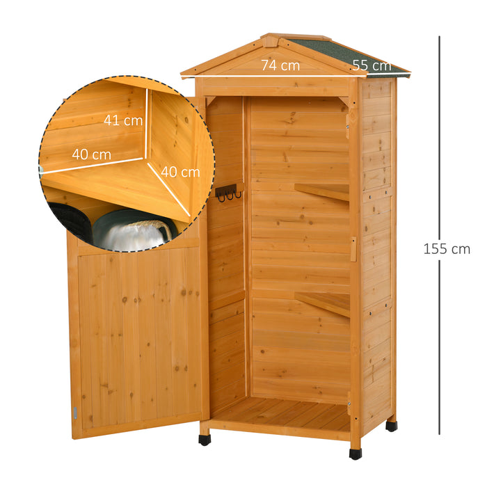 Wooden Garden Cabinet with 3-Tier Storage - Shed with 2 Shelves, Lockable Organizer, Hooks, Foot Pad, 74x55x155cm - Ideal for Outdoor Tool and Equipment Organization