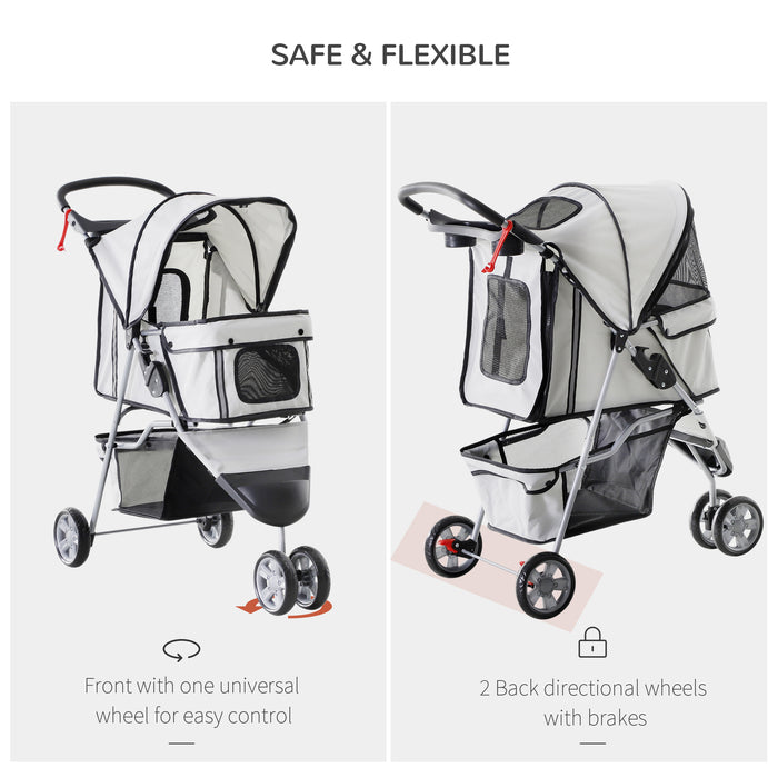 Pet Travel Stroller for Dogs and Cats - Three-Wheeled Pushchair Trolley in Grey - Ideal for Puppy Jogging and Carrier Convenience