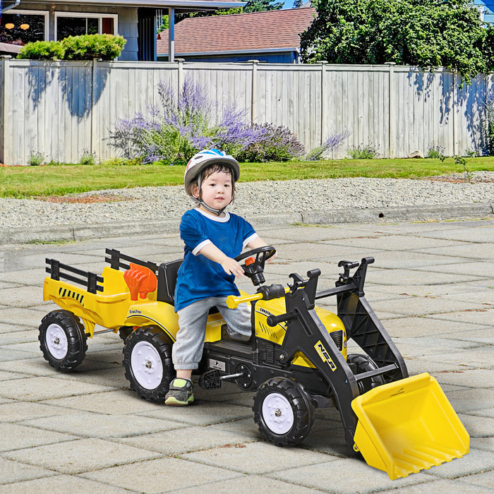 Pedal-Powered Go-Kart Excavator for Kids - Bright Yellow Digger Cart with Functional Front Loader - Outdoor Sandbox Play and Construction Fun