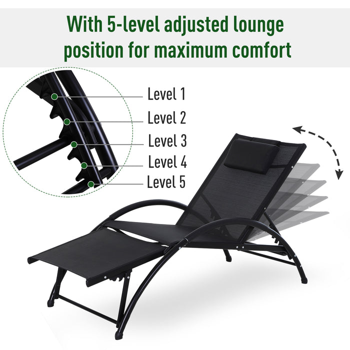 Adjustable Half Circle Sun Lounger with Armrest - Black Aluminium Frame and Textline Seat, Head & Footrest for Garden Patio - Includes Comfy Pillow for Outdoor Relaxation