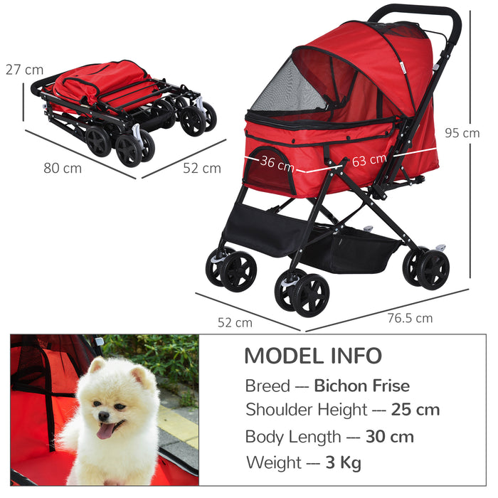 Foldable Pet Jogger Stroller - Reversible Handle, EVA Wheel Brakes, Adjustable Canopy with Safety Leash and Basket - Ideal for Dog Travel and Outdoor Activities