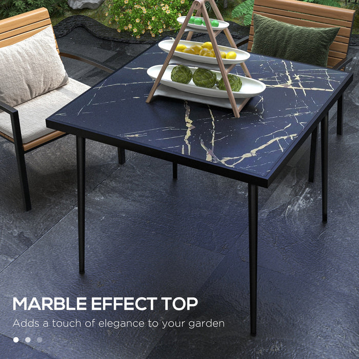 Outdoor Square Garden Table for Four - Marble Effect Tempered Glass Top with Sturdy Steel Frame - Ideal for Patio Dining and Entertainment