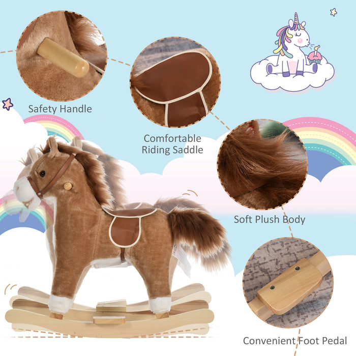 Plush Rocking Horse with Sound Features - Sturdy Brown Children's Ride-On Toy - Ideal for Enhancing Motor Skills and Playtime Fun