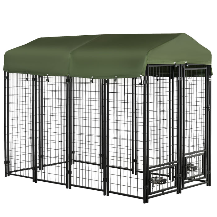 Lockable Outdoor Dog Kennel Playpen - Welded Wire Steel Fence with Water/UV-Resistant Canopy and Rotating Bowl Holders, 8x4x6ft, Green - Secure and Comfy Habitat for Pets